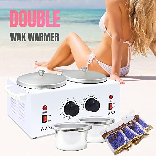 TOAUTO Double Wax Warmer Kit, Professional Dual Waxing Pot with 4 Pack Wax Beans 100pc Wooden Sticks,110V Electric Heater Machine for Hair Removal Home/Salon/SPA Adjustable Temperature