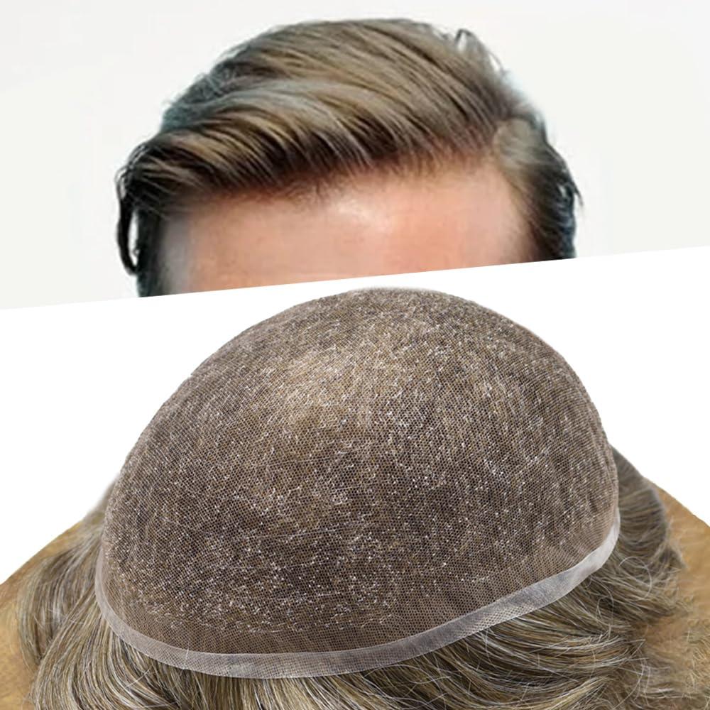 Generic Mens Toupee Men Hair System All French Lace Mens Hairpiece Soft And Breathable Lace Toupee For Men Hair Replacement System For Men Human Hair 7\"X9\" #530 Light-Med Brown+30% Gray-100% Density