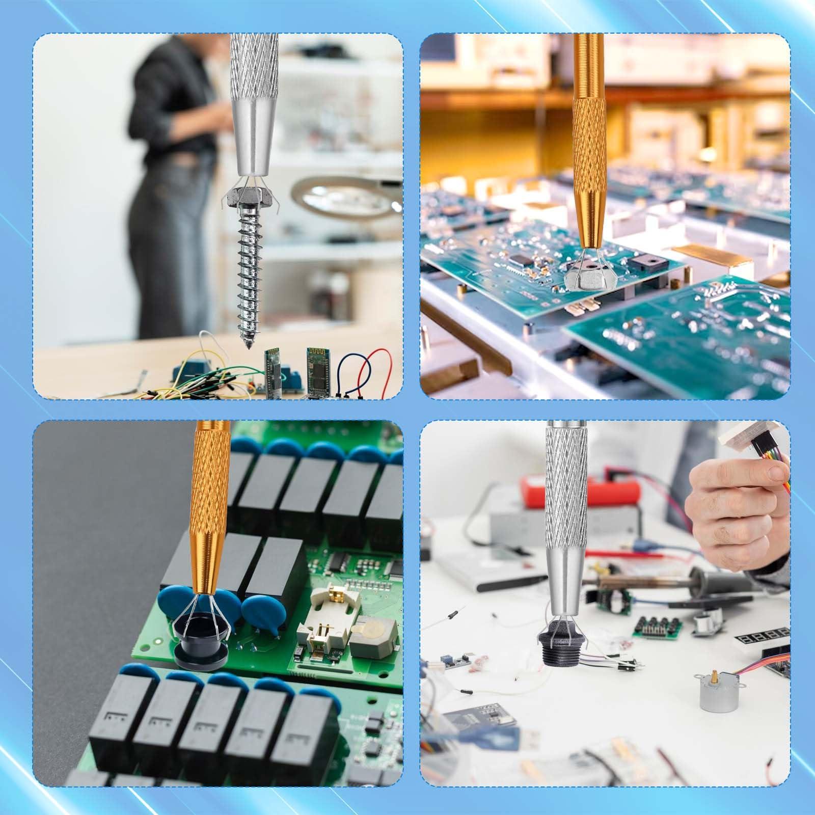 ZEYIYER ZEYIYER 2PCS Piercing Ball Grabber Tool, Stainless Steel 4-Claw Pick up Tool, Piercing Ball Screw on Tool Pickle Grabber for IC Chip Electronic Small Parts Pearl Bead Pickup (Gold & Silver)