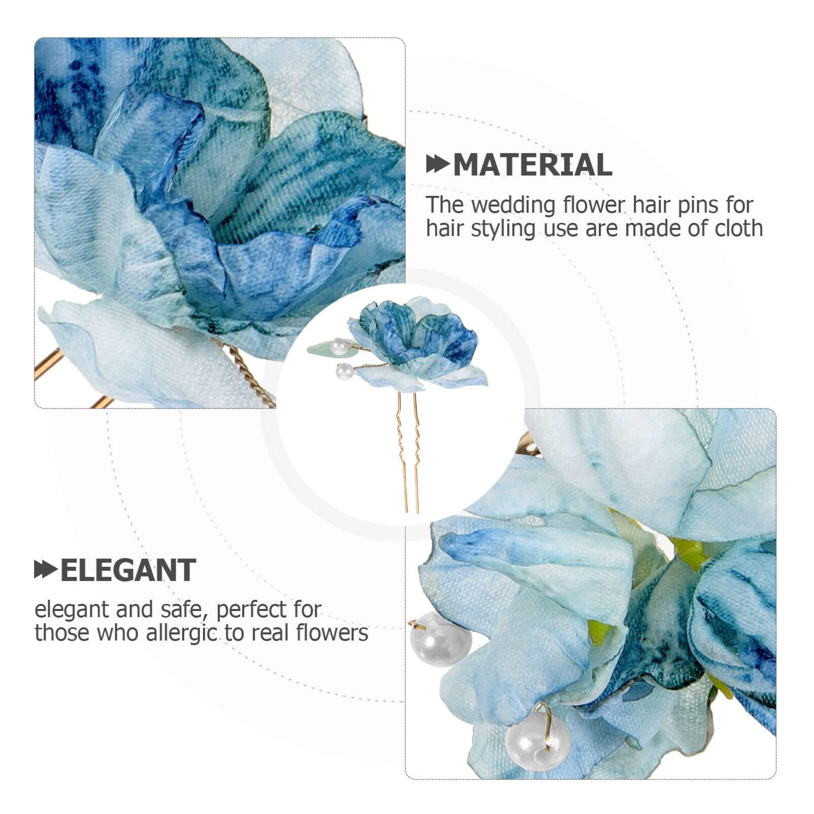 USHOBE 2pcs Piece Blue Flower Hair Fork Pearl Headpiece Blue Hair Pins Hair Pearls Floral Hair Pins Wedding Hair Accessories for Brides Wedding Hair Clip Floral Hair Accessories