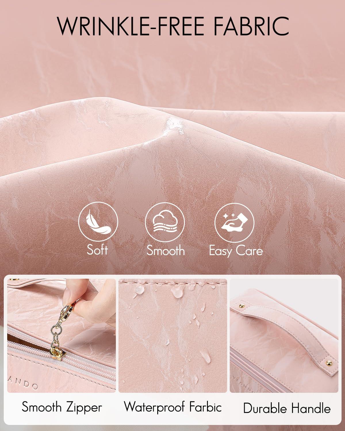 Vlando Vlando Makeup Bag,Travel Makeup Bag Waterproof Portable Cosmetic Bag PU Leather Open Flat Make up Organizer for Toiletries,Christmas Gifts Birthday Gifts for Women Girls Travelers(Sand Pink)