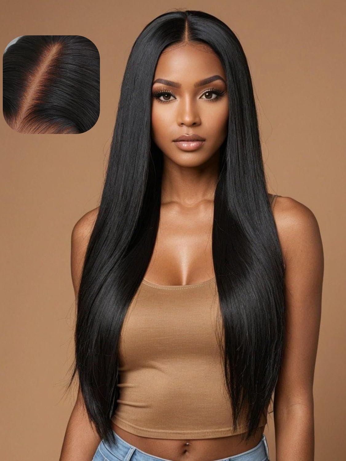 Beauty Forever Beauty Forever 5x5 Thin HD BlendAway Lace Closure Glueless Human Hair Wigs Yaki Straight with Bye Bye Knots Pre Cut Pre Plucked Front Wig Bleached Knots Match All Skin Tones 180% Density 22inch