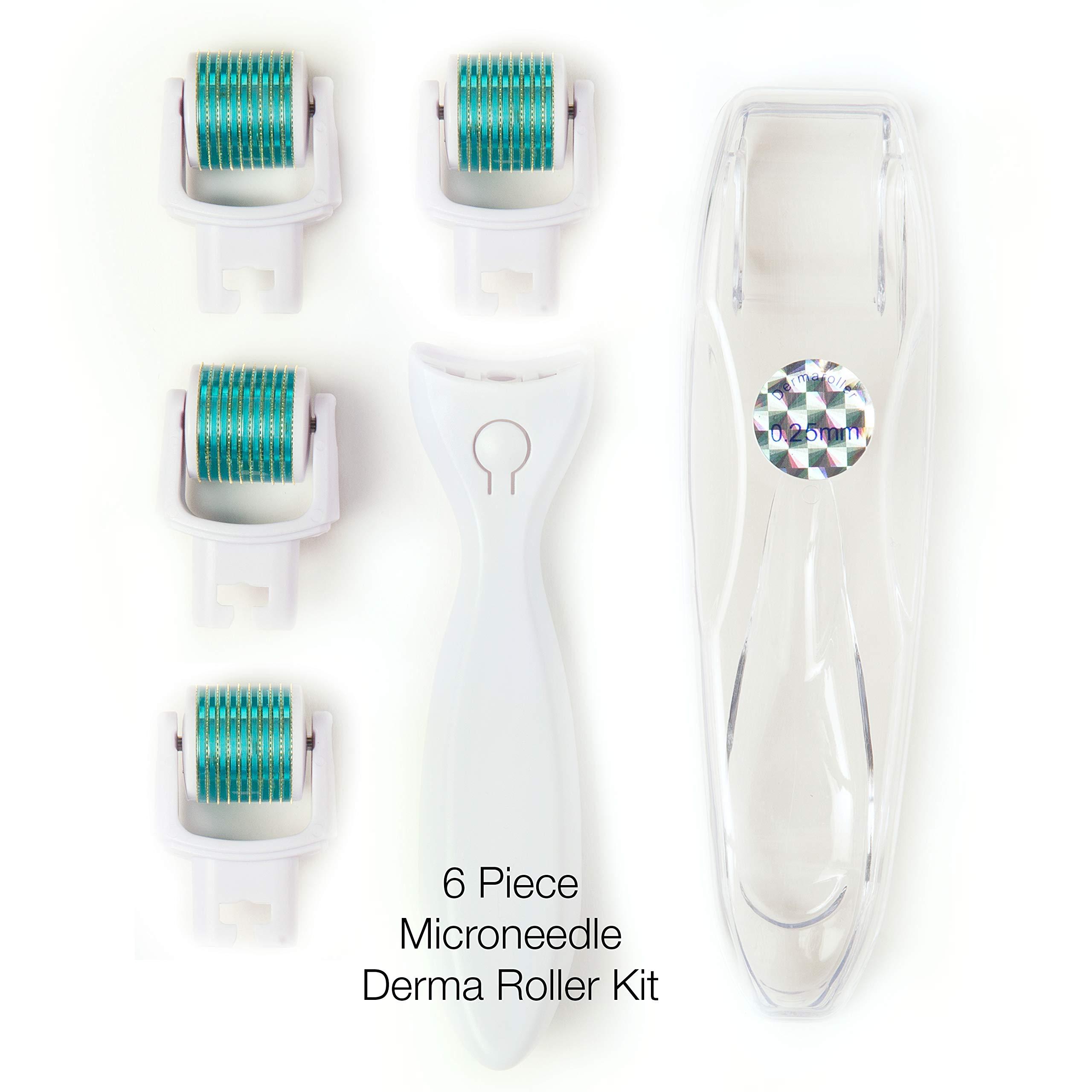 Prosper Beauty Derma Roller Microneedle 6 Piece Kit [DERMAROLL by Prosper Beauty] Face Roller with 4 Replaceable Heads Exfoliation Microdermabrasion Micro Derma Skin Care Tool Dermaplaning Microneedling