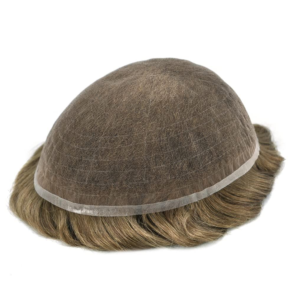 PUNRU HAIR PUNRU HAIR Full French Lace Human Hair System for Men Black Brown Blonde Hair Toupee for Mens Hair Replacement System Bleached Knots Hairpiece 7\"X9\" #18 Medium Ash Blonde-80% density