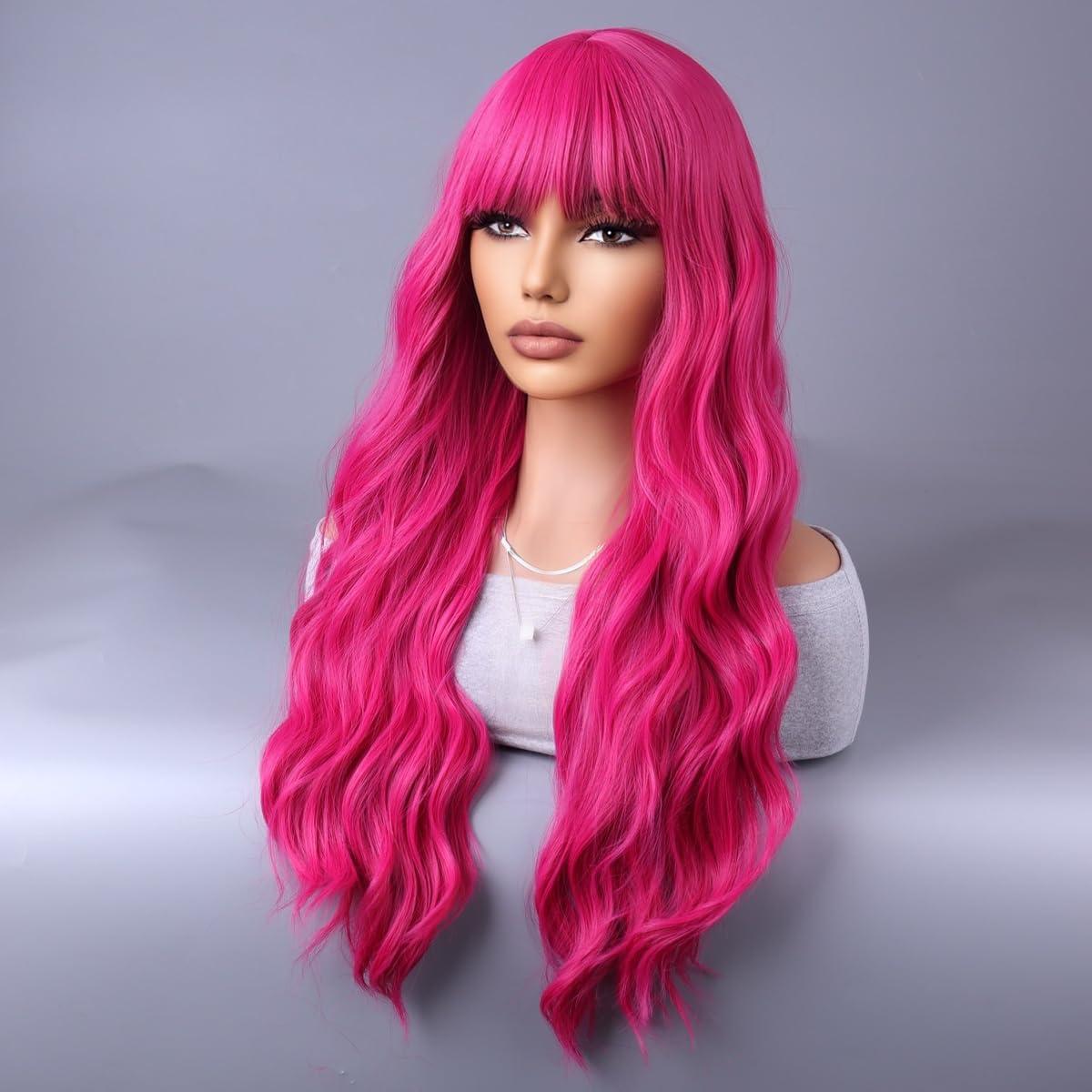 WTHCOS WTHCOS Hot Pink Wigs for Women Long Curly Wavy Hot Pink Wig with Bangs Rose Red Wig Neon Pink Wig Magenta Wig Heat Resistant Synthetic Wig with Wig Cap (Hot Pink)
