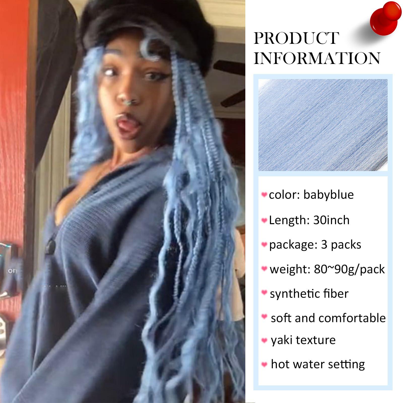 DAN NING Baby Blue Pre Stretched Braiding Hair 30 Inch Box Braid Hair Extensions 3 Packs Yaki Texture Pre Feathered Braids Hair Easy to Use for Summer