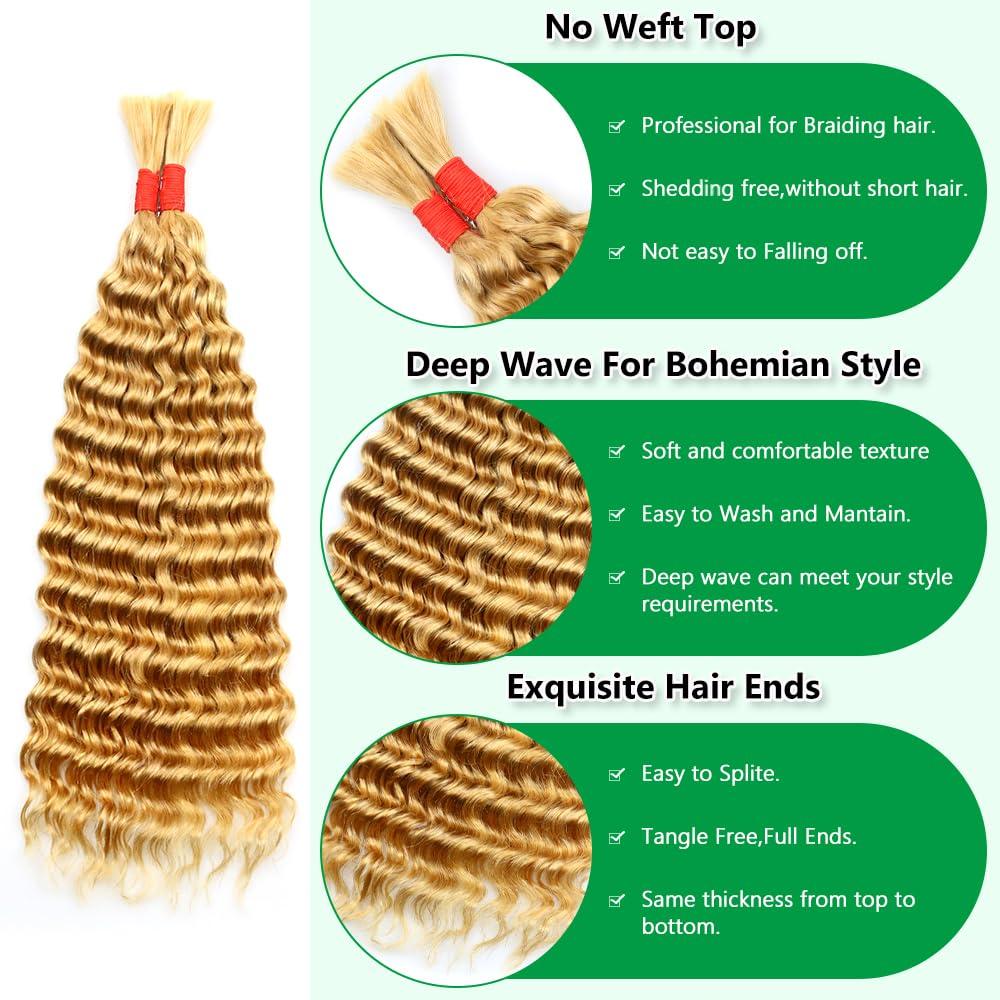 MIMORE Micro Braiding Hair Human Hair Bulk Deep Wave Virgin Human Braiding Hair for Micro Braids Hair No Weft Human Hair Braids Extension for Braiding 22inch (100g(1Pack/2Bundles), 27 Honey Blonde)
