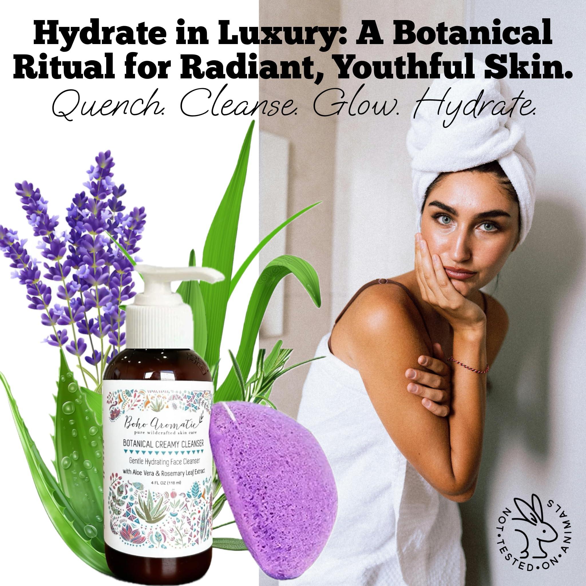 Boho Aromatic Boho Aromatic Botanical Cream Face Cleanser and Konjac Sponge, Gentle Non-Foaming Face Wash, Anti Aging Facial Cleanser, Natural & Organic, Daily Facial Cleanser, Facial Care Products
