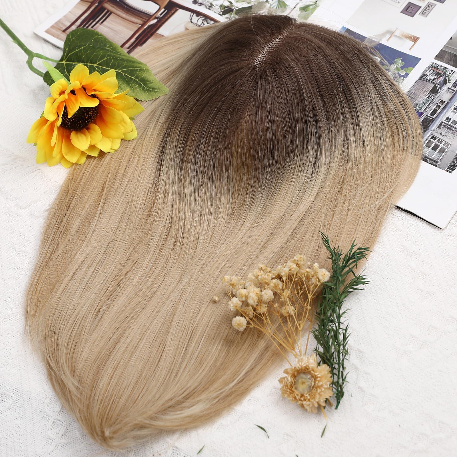 WIGNEE WIGNEE 14 Inches Ombre Blonde Hair Toppers Swiss Lace Hair Topper with Curtain Bangs Toppers Hair Pieces for Women Kanekalon Hair Toppers for Thinning Hair Natural Looking Hair Toppers for Women