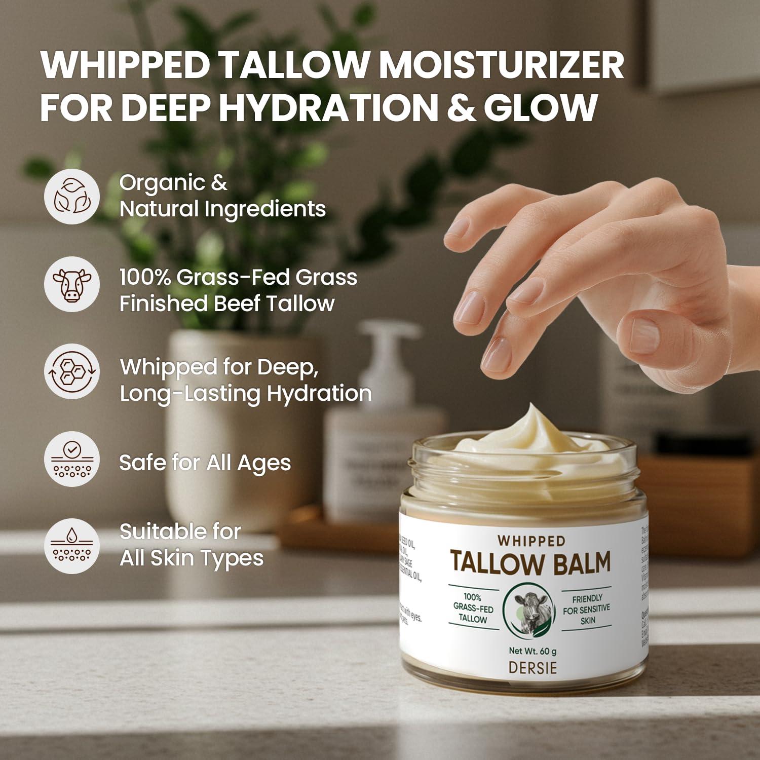 Dersie Whipped Beef Tallow Balm for Skin: Tallow Face Moisturizer with Australia Emu Oil, Blue Cypress, Sandalwood Oil Fresh Herbal Scent - Eczema Relief - Suitable for Sensitive Skin - 2.12 OZ