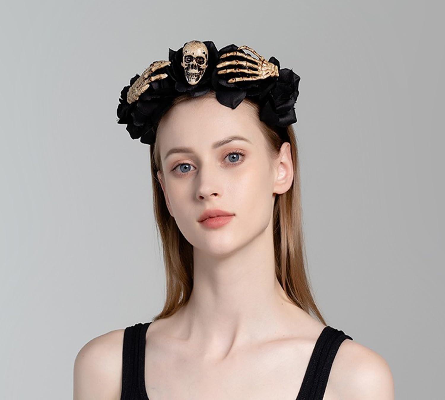 Satisyo Satisyo Gothic Halloween Skull Headwear with Skelleton Hand Headband Mexican Flower Headpiece Hair Hoop Party Costume for Women Girls (Black Rose, Skull Hand)