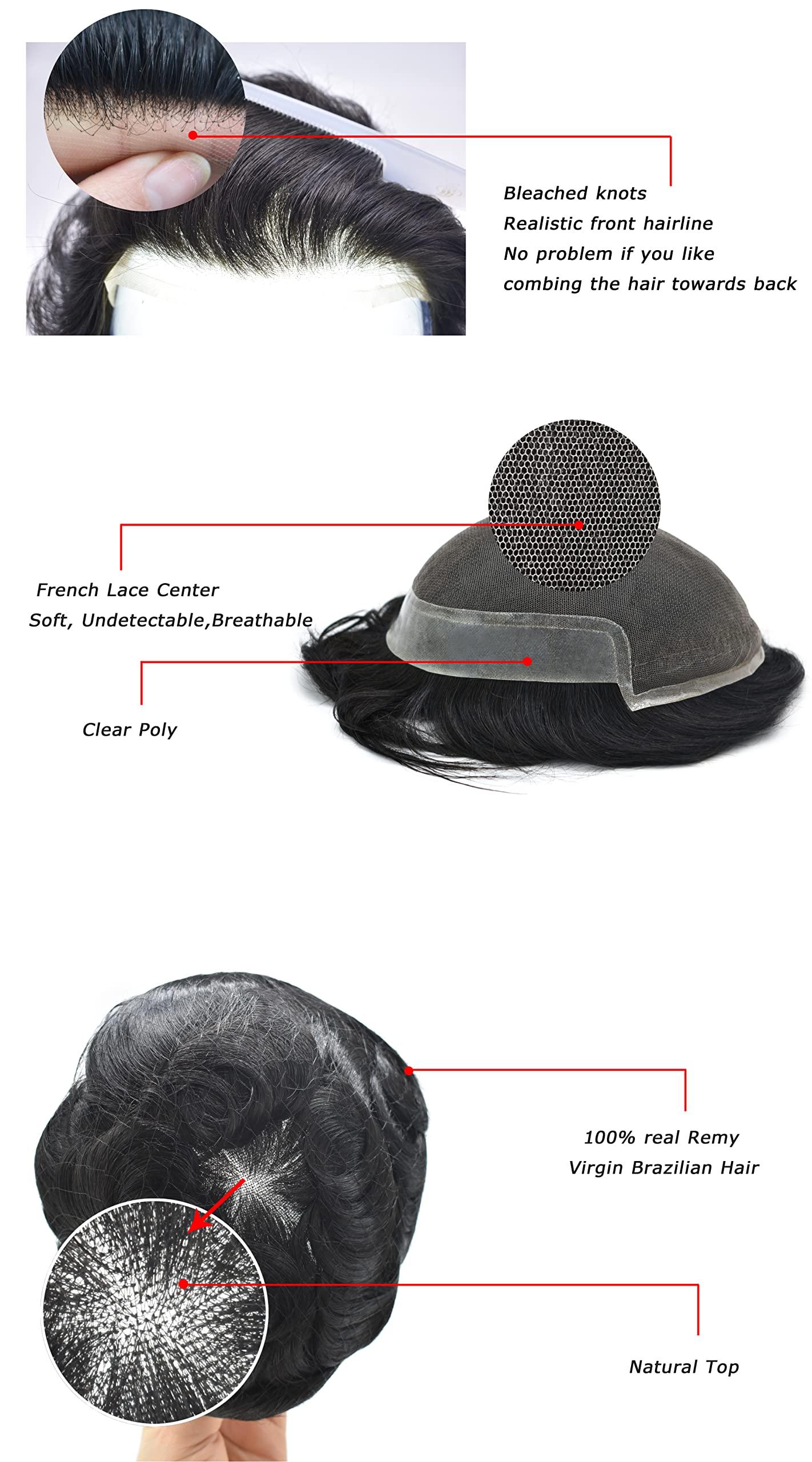 LHC Mens Toupee 100% European Real Human Hair Mens Hair Pieces Toupee For Men Front Swiss Lace Hair Replacement System For Men Breathable Mens Hairpiece Bleached knot Natural Hairline Hair Units For Men (7*9, #350 3# DARK BROWN WITH 50% SYNTHETIC GREY-10