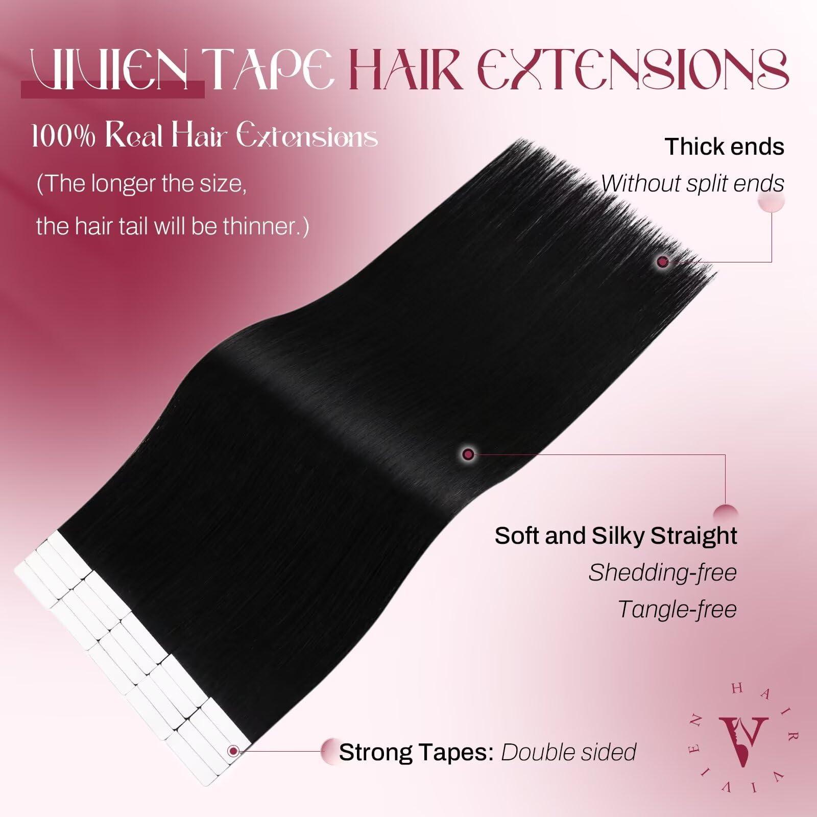 Vivien Vivien Tape in Hair Extensions Human Hair 24 Inch Invisible Real Human Hair Tape in Extensions Jet Black Tape in Extensions Reamy Hair Black Long Straight Human Hair 20pcs 50G