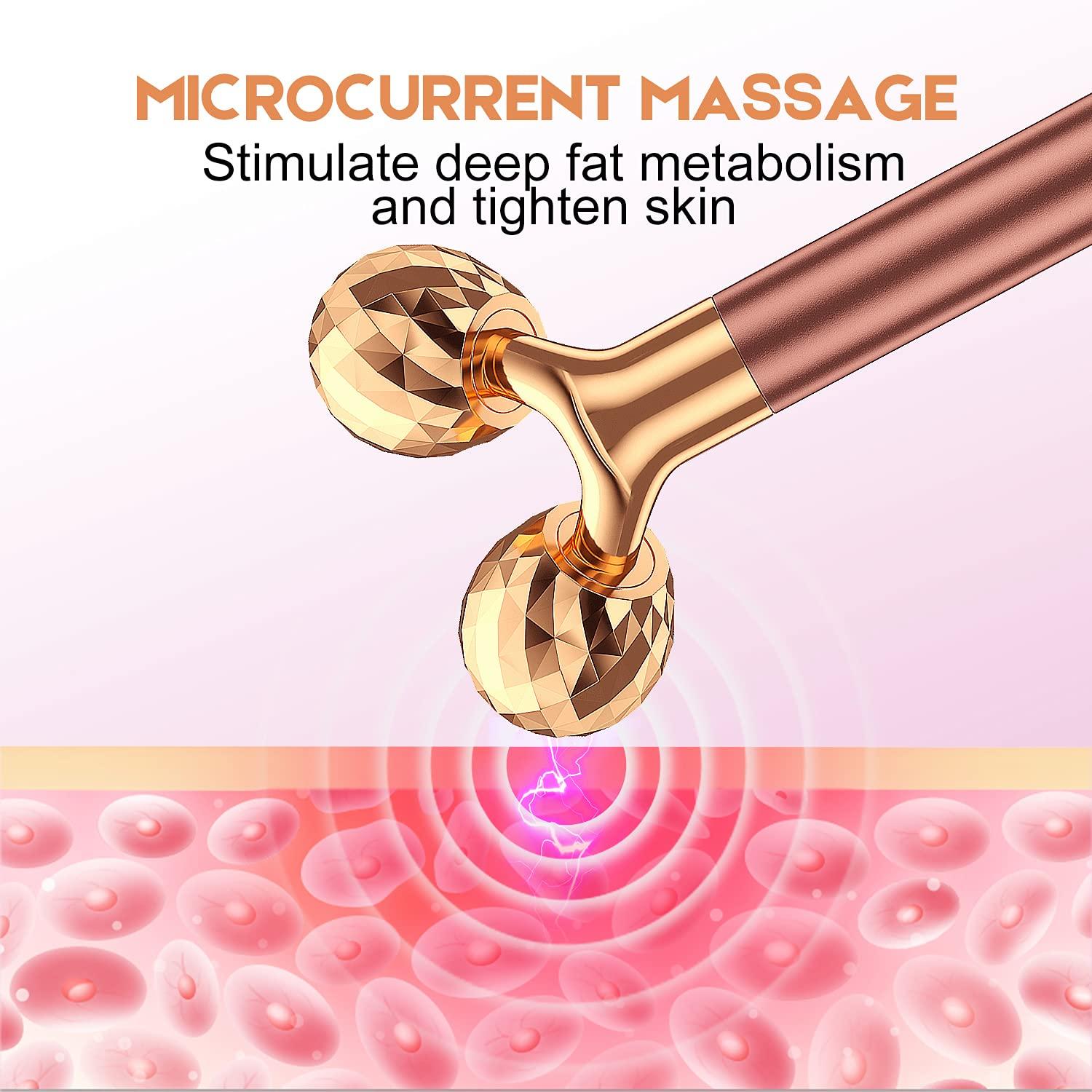 Beauty Bar 2-IN-1 Beauty Bar 24k Golden Pulse Facial Face Massager, Electric 3D Roller and T Shape Arm Eye Nose Head Massager Facial Roller Massager Kit Skin Care Tools