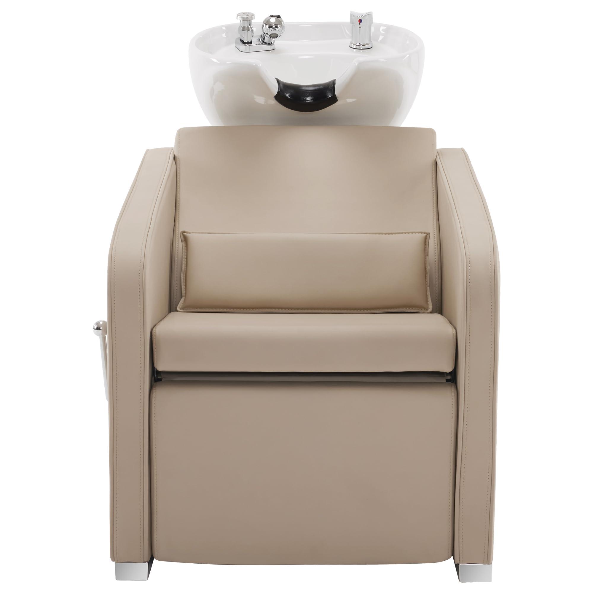 BarberPub BarberPub Backwash Shampoo Station Chair, Adjustable Porcelain Ceramic Hair Wash Bowl Sink Unit Station, Reclining Shampoo Station Chair for Spa Beauty Salon Hair Salon Equipment 9303 (Beige)