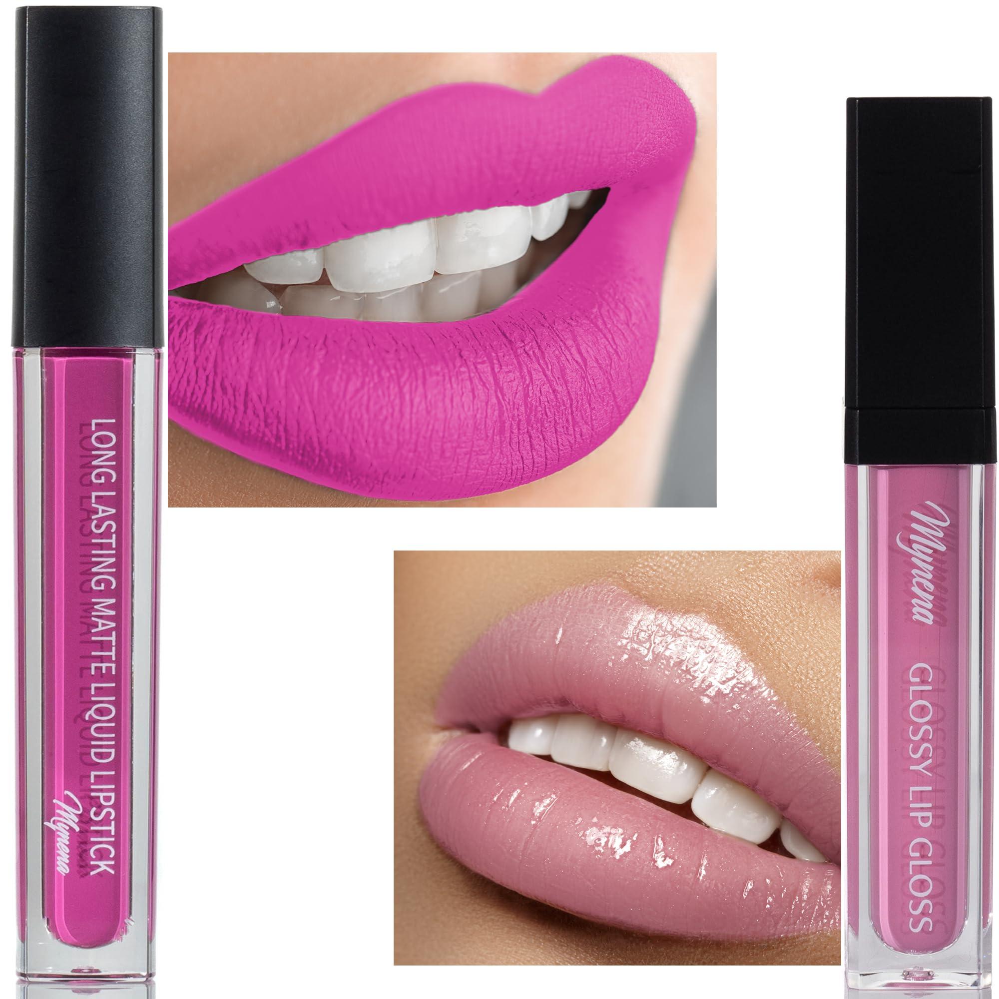 Mynena Mynena Hot Pink Matte Lipstick and Light Pink Lip Gloss