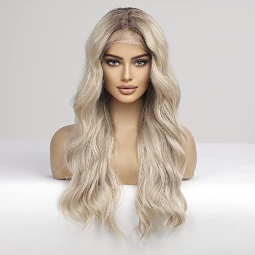 HAIRCUBE HAIRCUBE Long Light Blonde Lace Front Wigs for Women,Natural Synthetic Curly Wig with Dark Roots for Daily Party 27 Inches