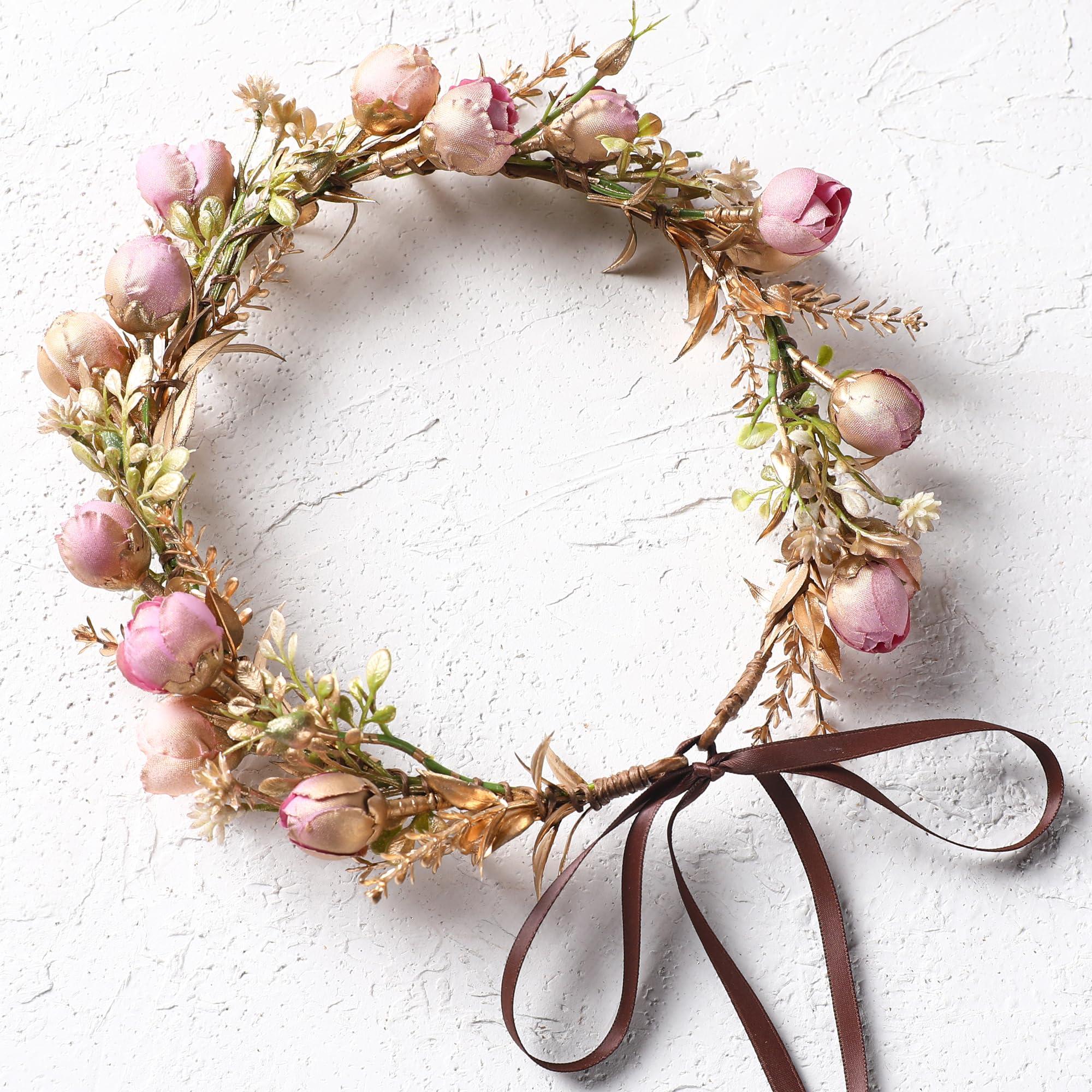 KorViSHOW KorViSHOW Boho Sweet Girl Flower Crown - Golden Leaf Purple Flower Headband for Weeding, Birthday Party, Cosplay, Dress Up, Masquerade