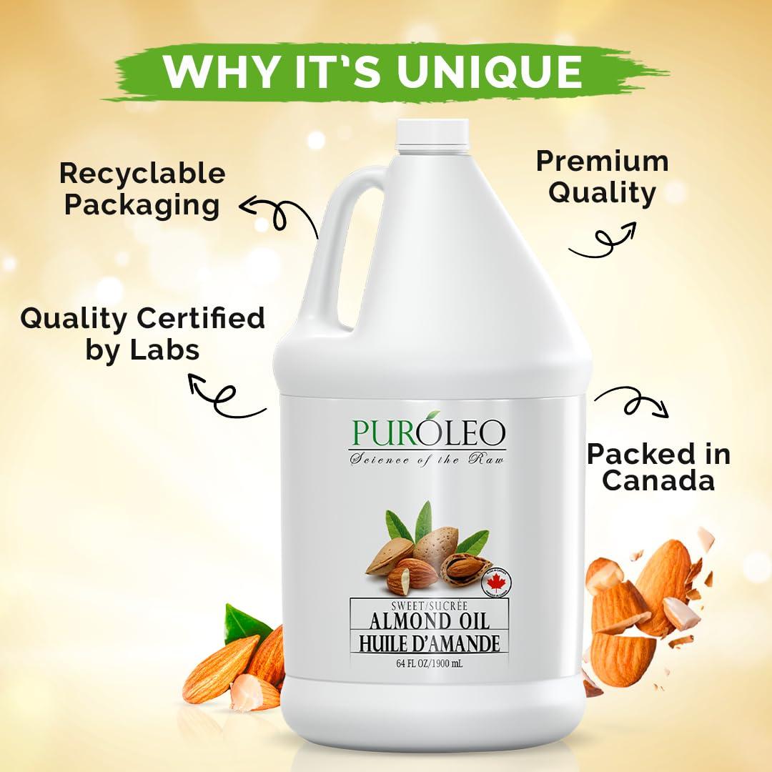 PURLEO PUROLEO Sweet Almond Oil 64 Fl Oz/1900 ML 100% Natural and Pure | Moisturizer & Carrier Oil | Beauty & DIY Blends, Massage Oil, Body Oil, Hair Oil and Baby Oil | Made from Almonds raw