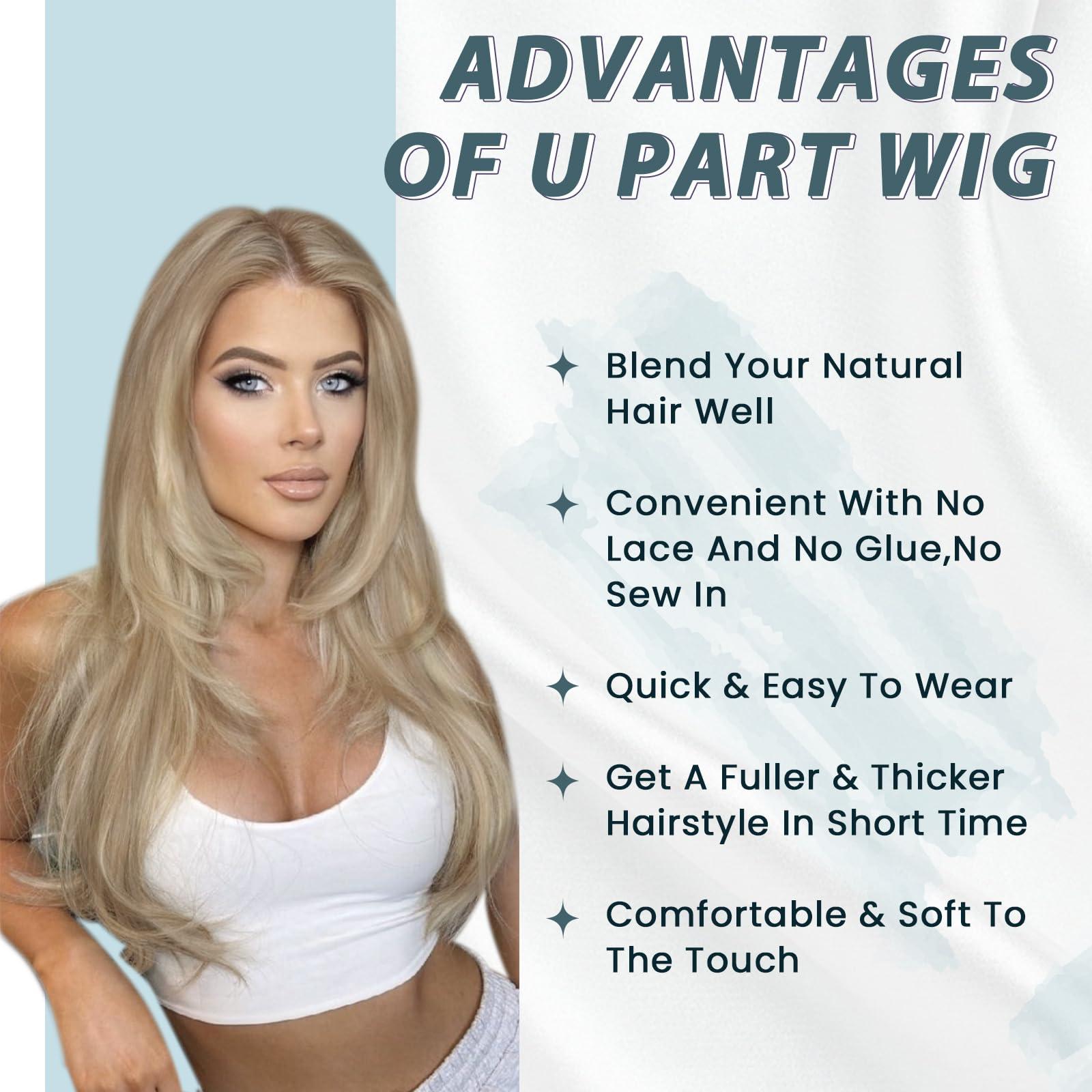 RUNATURE RUNATURE Glueless U Part Wig 14 Inch U Part Human Hair Wig Dark Ash Blonde with Light Blonde U Wigs 150% Density Upgrade U Shape Hair Wig with Middle Cap Thick Remy Hair