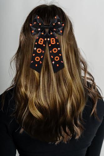 mokkia Halloween Hair Bows Clips for Women Halloween Accessories Outfits Big Spooky Pumpkin Boo Candy Corn Ghost Hair Bows Crystals Jeweled Orange Black Hair Ribbons Barrettes Costume Party Gifts (Pattern A)