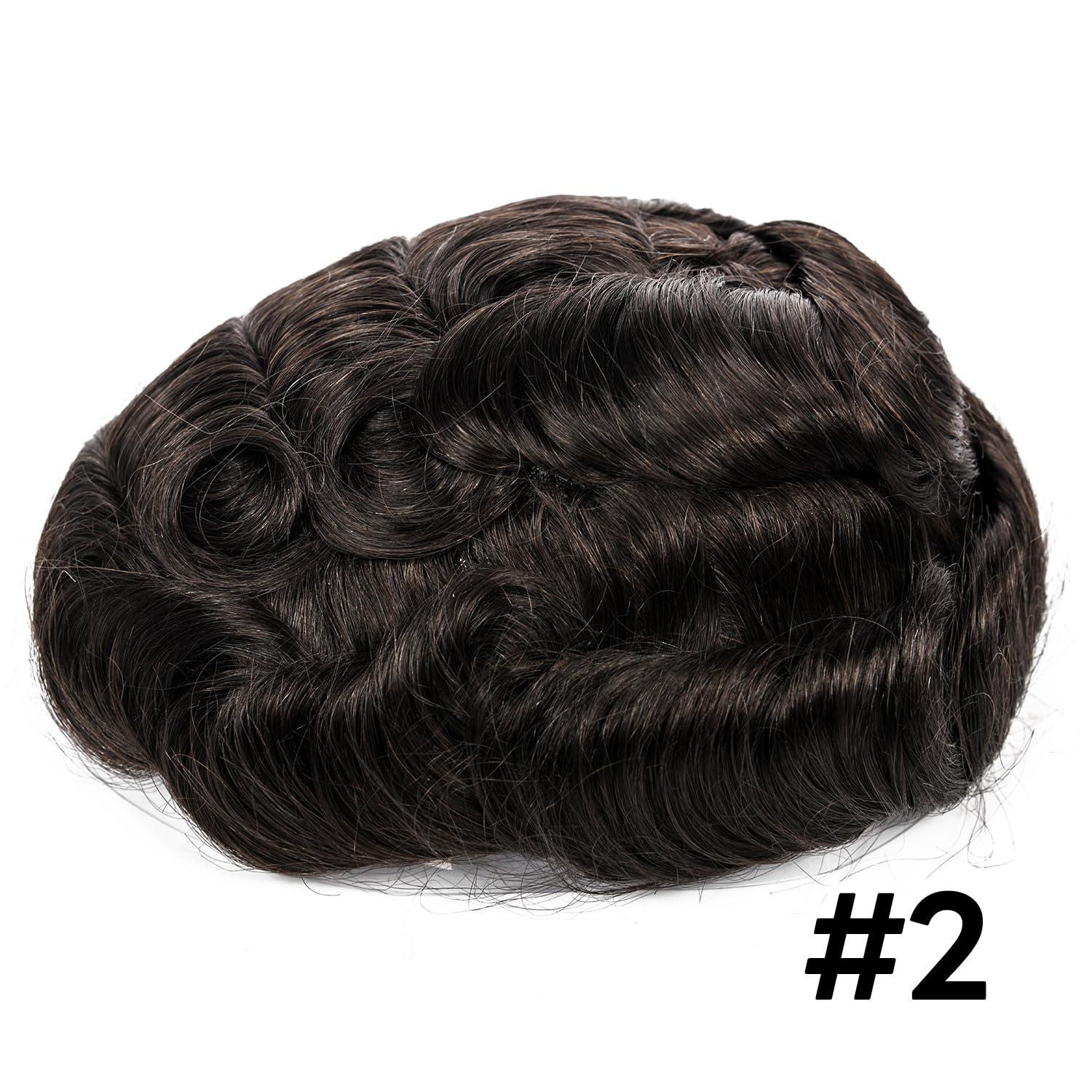 Blayzehair Toupee For Men Hair Replacement System Swiss lace Men Toupee European Human Hair HD Lace Hair System Poly Skin PU Around Men Hair Piece. (2# Darkest Brown, 6x8\"-100% Light Med-Light Density)