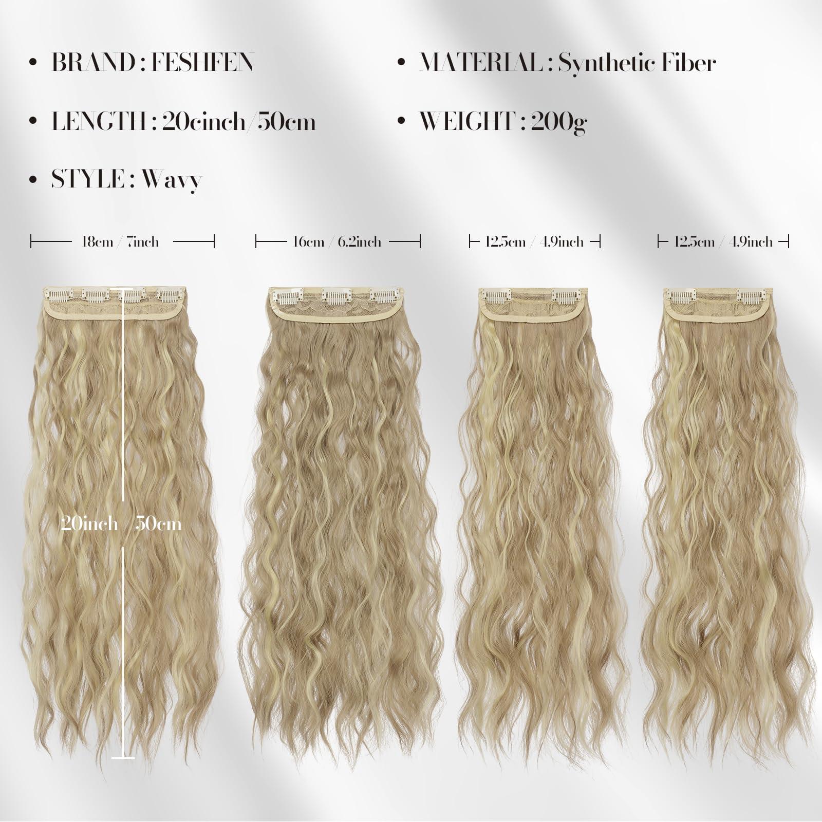 FESHFEN FESHFEN Clip in Hair Extensions 4 PCS Long Wavy Curly Thick Full Head Clip in Hairpieces Synthetic Natural Clip Hair Extension for Women, Dark Ash Blonde Mixed Bleach Blonde 20 inch