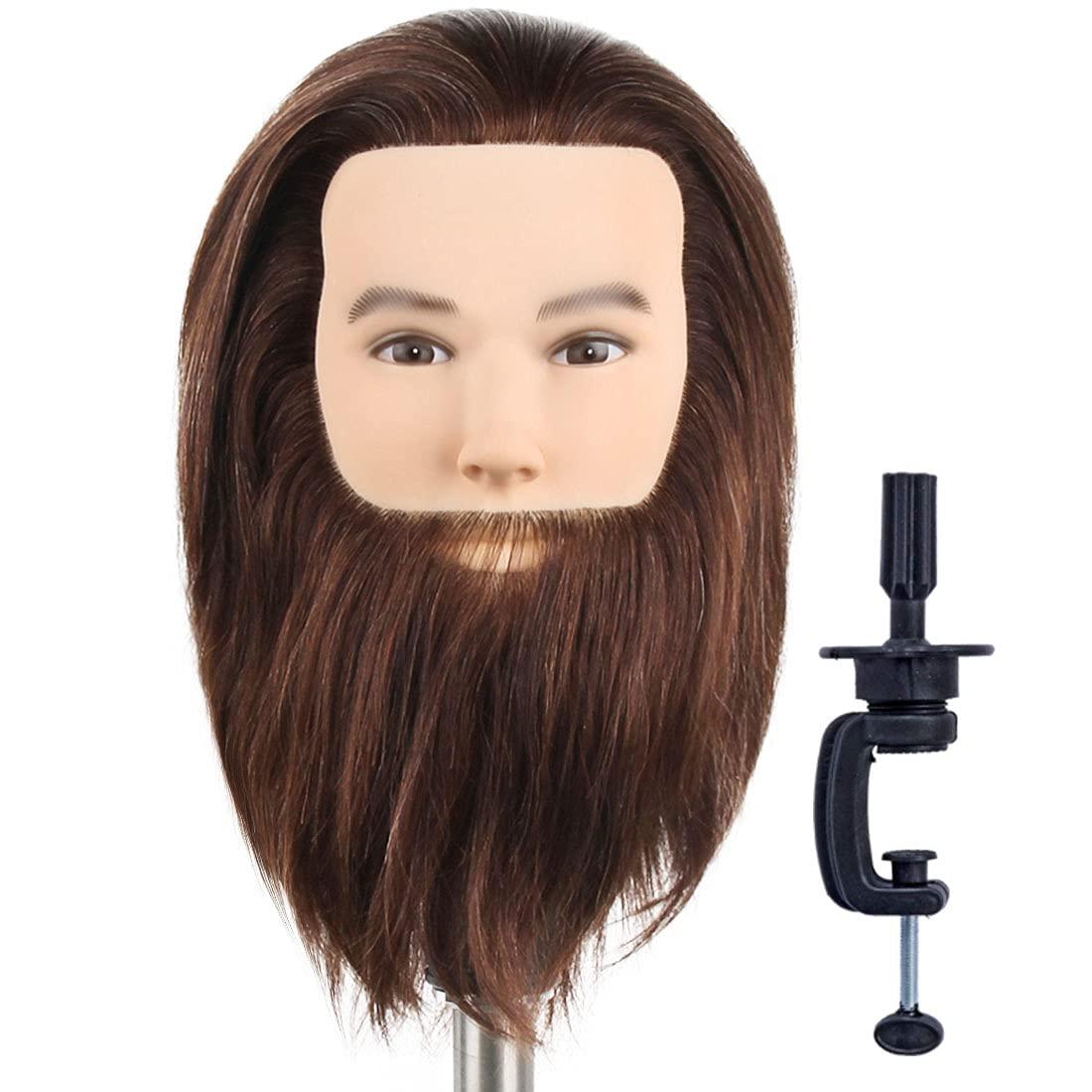 Newshair NEWSHAIR Male Mannequin Head with Beard 100% Human Hair Haircut Training Head with Thick Hair Hairdresser Manikin Head Doll Head for Styling and Practice Handsome Face Adult Head Size (8-10Inch 3B#)