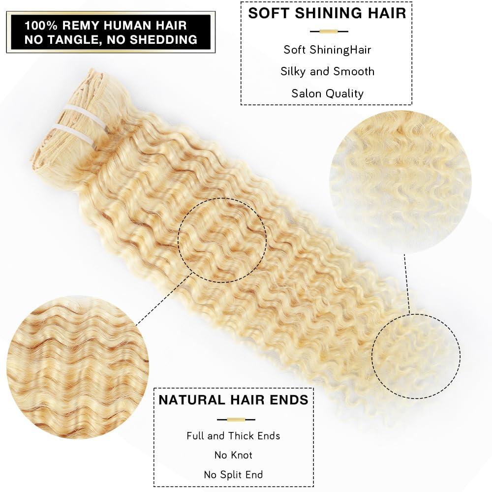 CYIKLI CYIKLI Blonde 24 Inch Curly Clip in Human Hair Extensions 613 Deep Wave Seamless Clip in Hair Extensions Thick Real Human Hair Clip ins Blonde Curly Hair Extensions for Women 100-140g/set
