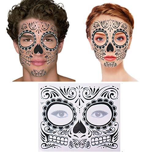 BPNHNA 4 Pack Day of The Dead Sugar Skull Face Temporary Tattoo Halloween Makeup Tattoo Stickers for Halloween Masquerade Party(Floral, Red Roses,Black and Floral Skeleton)