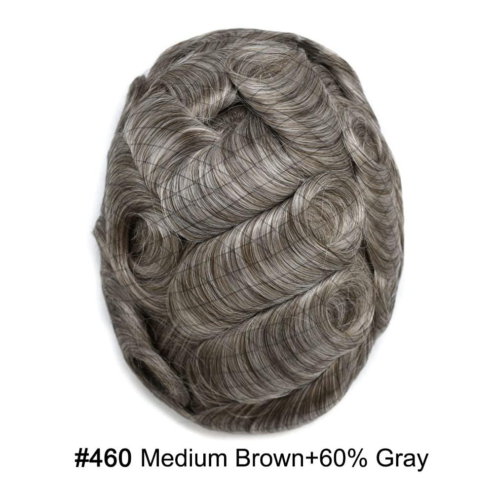 Generic Lace Hair System For Mens Human Hair System Mens Toupee Hair Piece Bleached Knots Natural Hairline Mens Hair Piece Men Toupee (8\'\'X10\'\'-100% density, #460#4 MEDIUM BROWN+60% GREY)