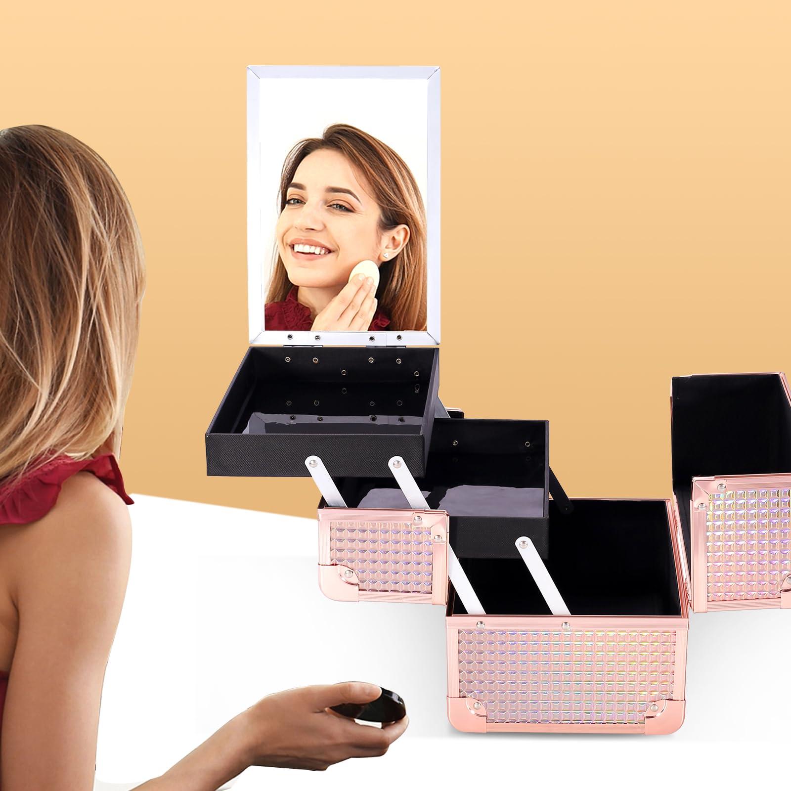 Trotianingyu Makeup Train Case Lightweight Cosmetic Box Portable Lockable Makeup Case Organizer 2 Trays Makeup Storage with Mirror Locking for Traveling Makeup Storage Box-Rose Gold