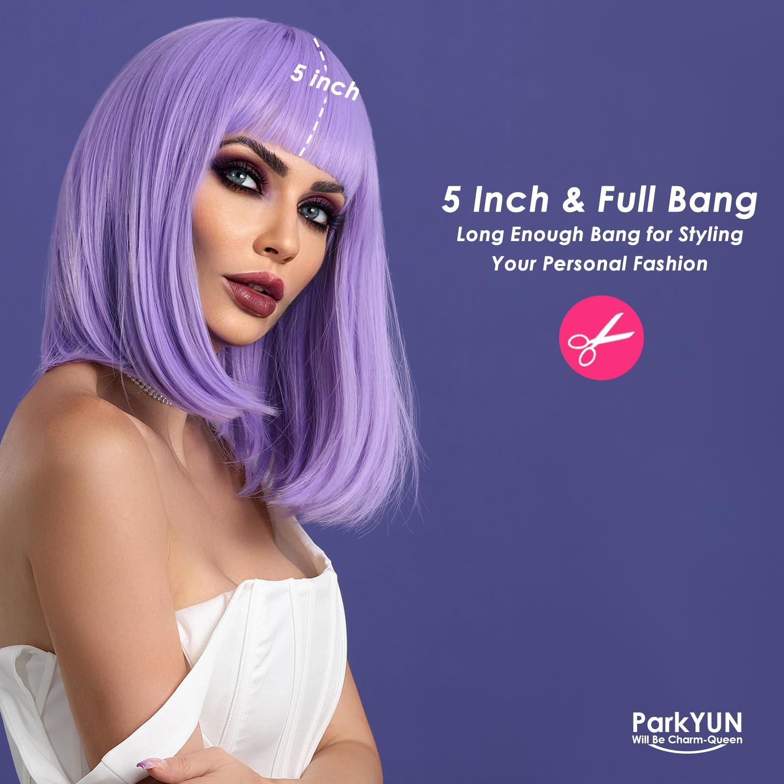PARK YUN PARK YUN Short Purple Synthetic Bob Wig With Bangs 14 Inch Blunt Cut Bob Short Light Purple Hair Wigs for Women Straight Bob Shoulder Length Lavendar Lilac Wig for Cosplay Daily Party Wigs