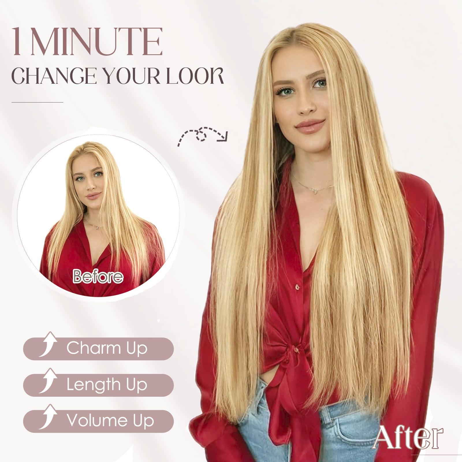 Elailite Elailite Halo Hair Extensions Real Human Hair for Women Ash Blonde & Bleach Blonde Clip in Remy Hairpiece with Adjustable Invisible Wire 18 Inch 65G