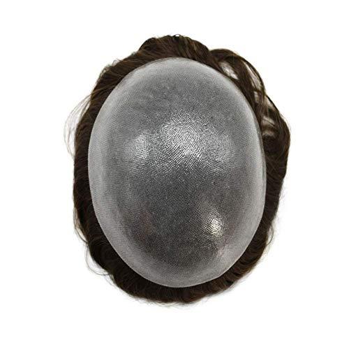 Curve Hair Thin Skin Men's Toupee Real Human Hair Pieces for Men 0.1-0.12mm Medium PU Durable Mens Hair System Full Poly Hair Replacement for Men PAPY (8"x10", 2 Darkest Brown-90% Light Density)