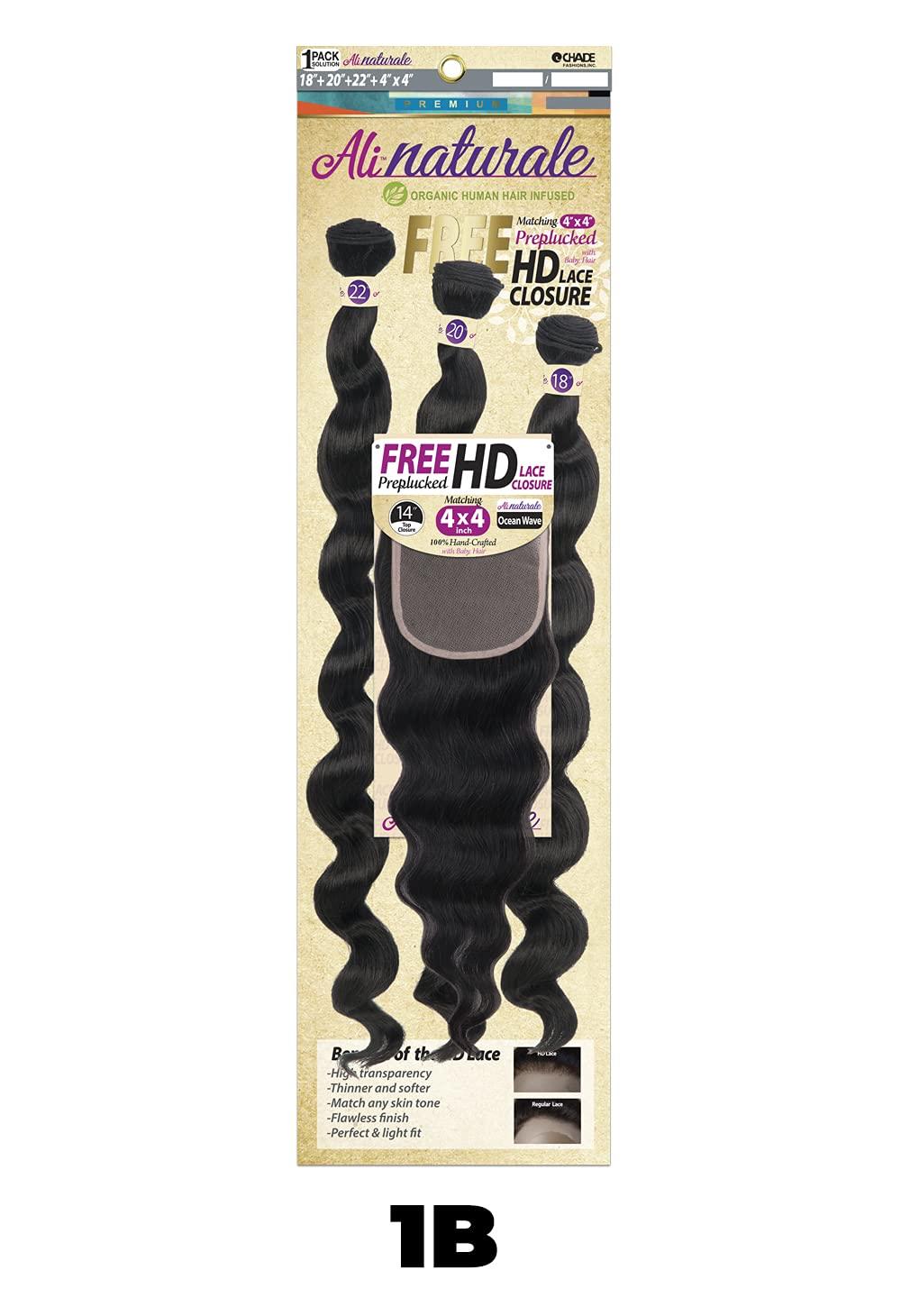 Chade Fashions Inc Chade Fashions Ali Naturale Weave Ocean Wave 18", 20", 22" + HD 4X4 Closure Human Hair Blended 1 Pack Solution - AN344O5 (OT1B/30)