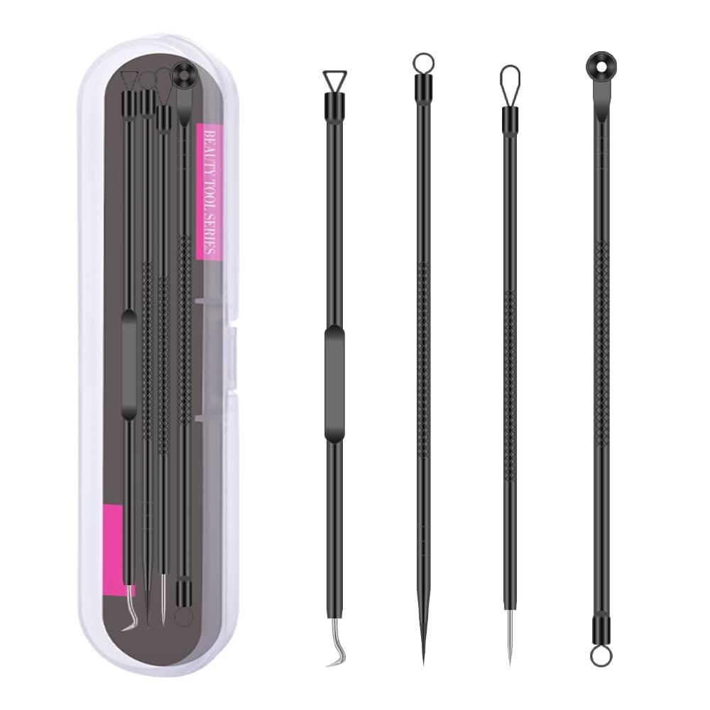 TULOBI Blackhead Remover Pimple Popper Tool Kit 4 Pcs Black Acne Comedone Zit Blackhead Extractor Tool for Nose Face,Stainless Steel Whitehead Popping Removal Tool Set