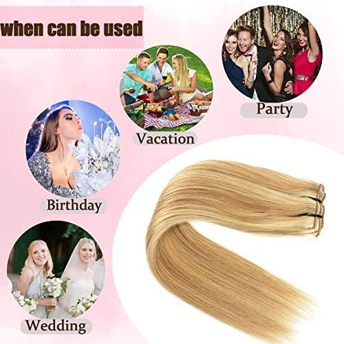 Tahikie Human Hair Clip in Extensions Dark Blonde Highlighted Bleach Blond Full Head Silky Straight Clip in Natural Remy Human Hair Extensions 120g 8pcs (22 inch, 18/613)