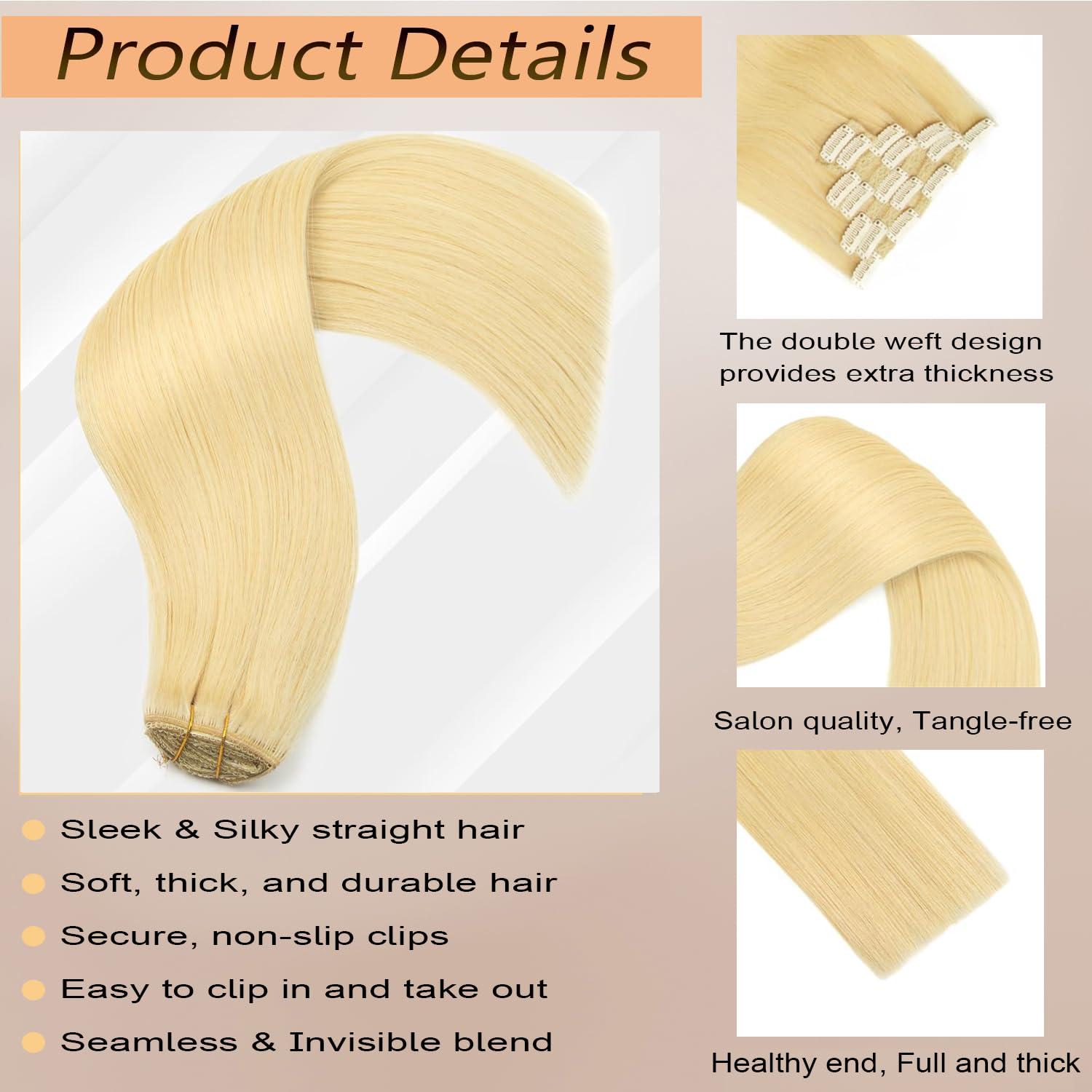 Houlud Blonde Clip in Hair Extensions Real Human Hair Straight 24 Inch 7pcs 120g Clip ins Hair Extensions Brazilian Remy Human Hair 16 Clips Double Weft Human Hair For Women