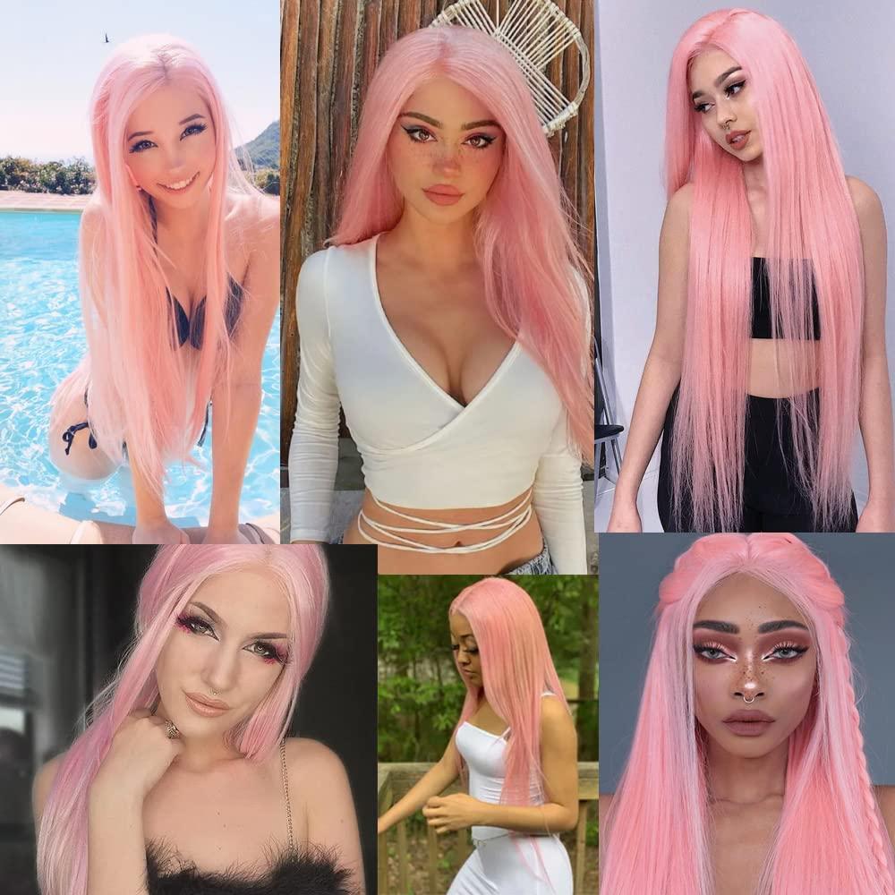 Oxeely Oxeely Light Pink Synthetic Lace Front Wigs Long Straight Hair Pink Lace Wigs Natural Hairline Pre Plucked Glueless Synthetic Lace Wigs Heat Resistant Fiber Hair Light Pink Wigs for Women Daily Wear