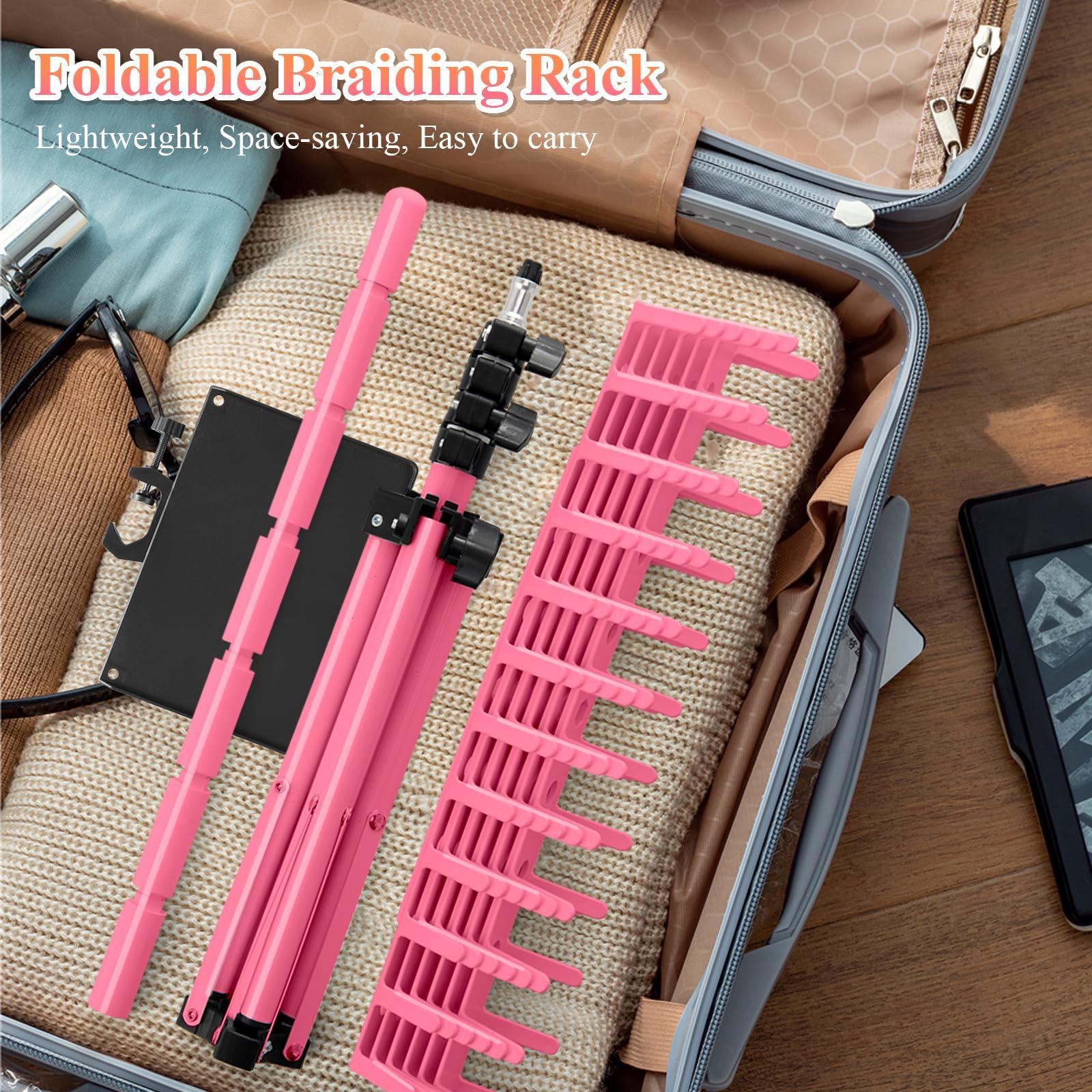 OLMRJKD OLMRJKD Braiding Hair Rack with Tray, 144 Pegs Height Adjustable Braiding Rack, 2-side Hair Extension Holder Hanger, Hair Stand with Stylist Hair Braiding Tools for Hair Salon Home Traveling (Pink)