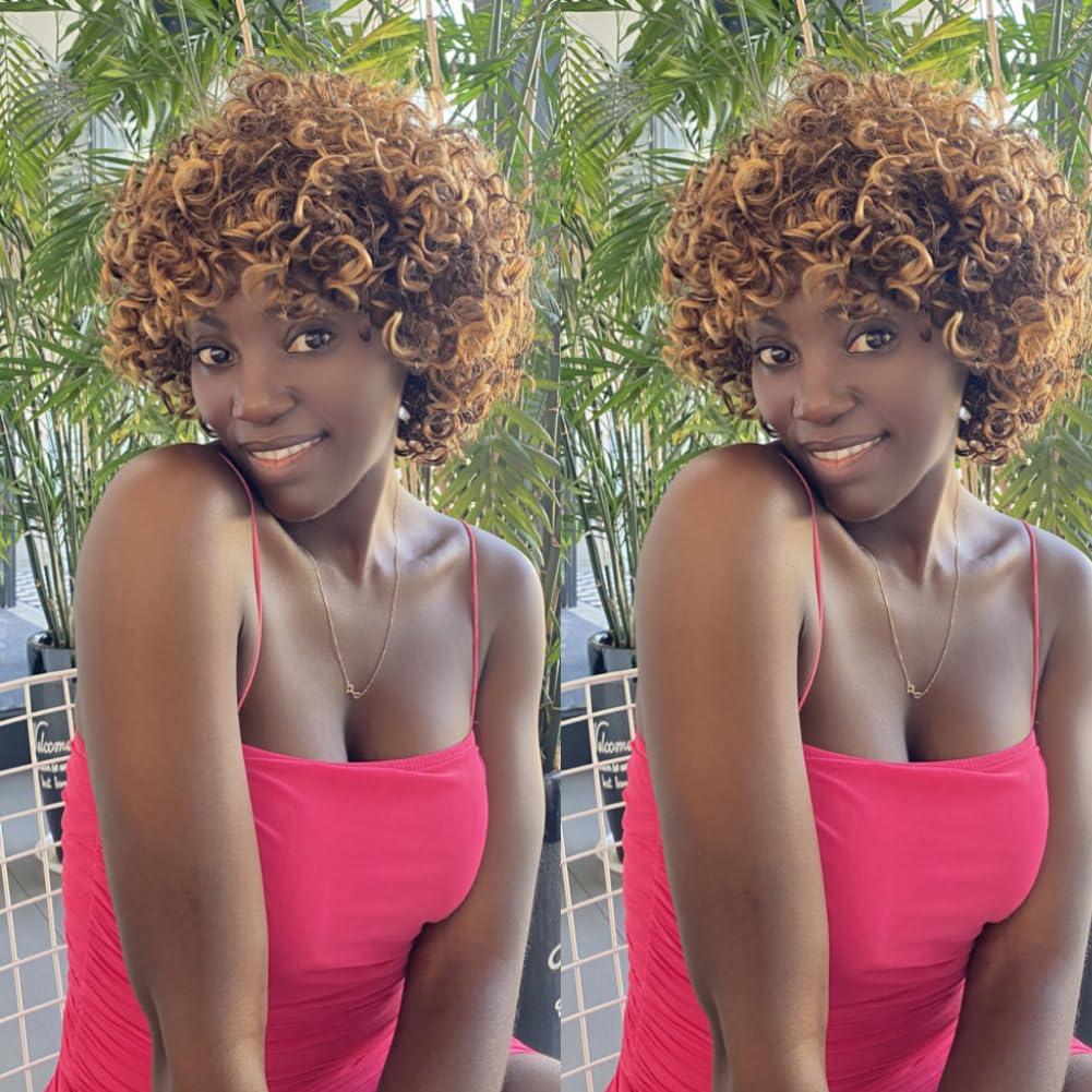 Rebecca Fashion Rebecca Fashion 8\" Highlight Brown Curly Wigs for Black Women Human Hair Short Curly Wigs with Bangs 10A Brazilian Virgin Human Hair 150% Density Wear and Go Glueless Wigs