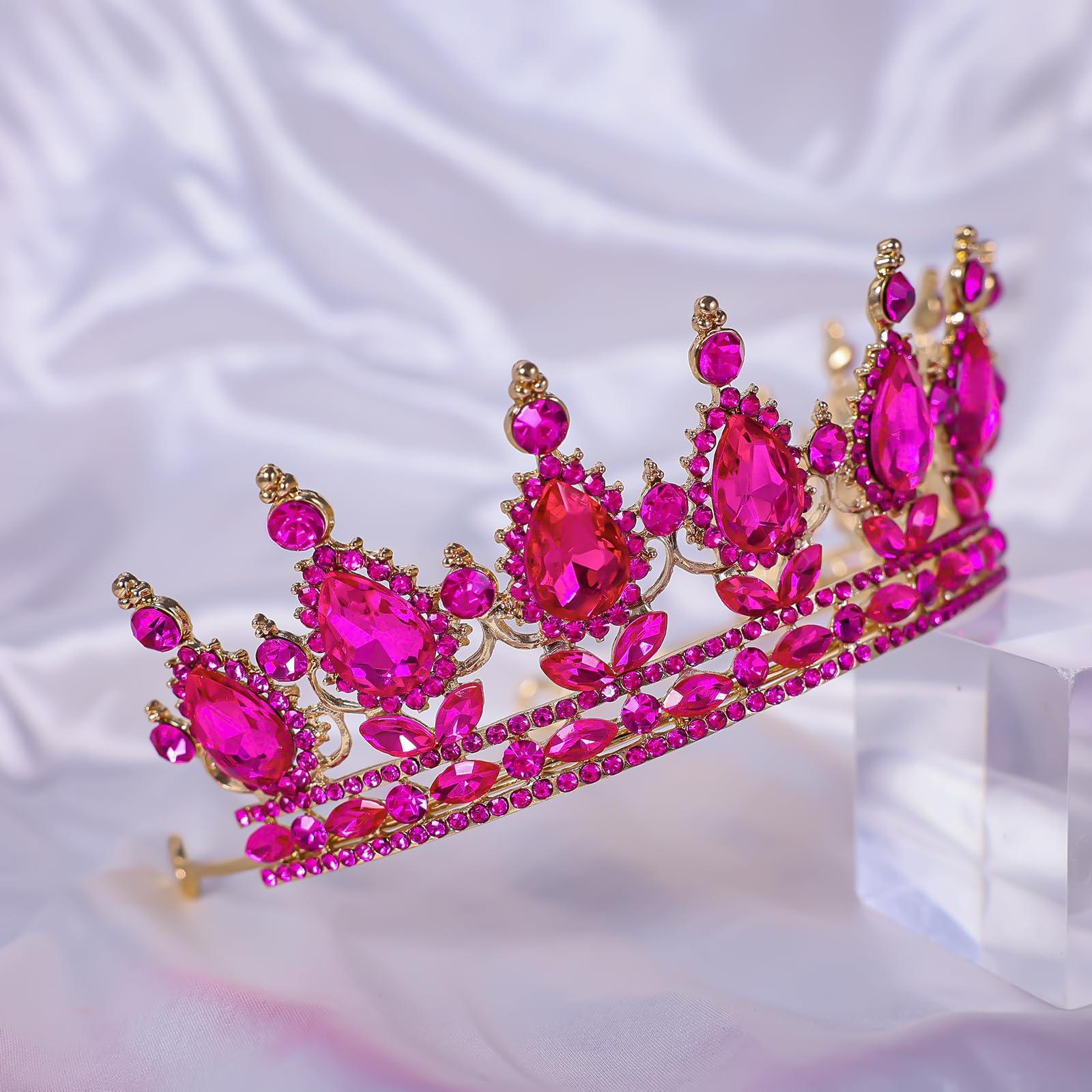 Feltent Tiara Crown for Women Hot Pink Princess Crowns Royal Queen Crowns Wedding Tiaras for Bride Crystal Hair Accessorie for Birthday Halloween Cosplay Christmas Party Prom Gifts