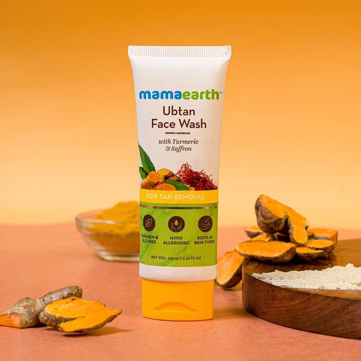 MAMAEARTH Mamaearth Ubtan De Tan Face Wash | Helps Reduce Tanning & Sun Damage | Gently Cleanses Dirt & Excess Oil | Enriched with Turmeric & Saffron | 3.38 Fl Oz (100ml)