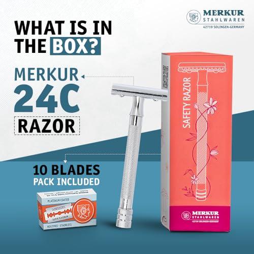 MERKUR MERKUR 24C Safety Razor For Women with 10 Double Edge Blades | Extra Long Handle | Three-piece Razor | Straight Cut | Bright Chrome Finish | Made in Germany