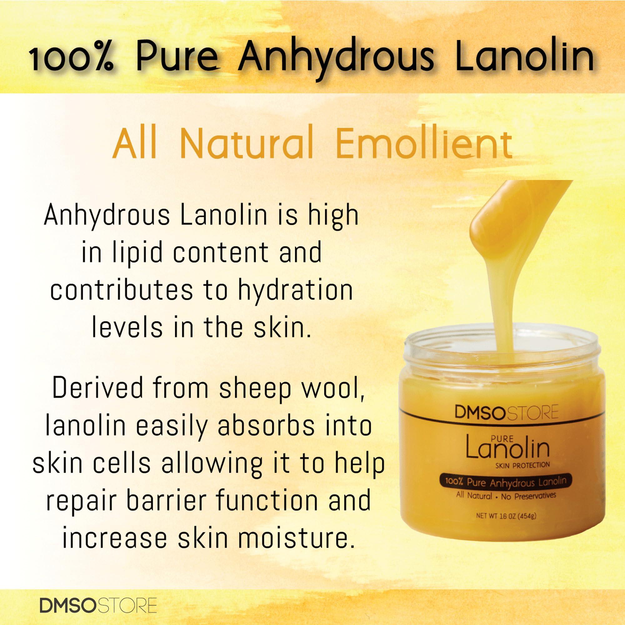 DMSOSTORE Lanolin 1 lb. Pure 100% USP grade. Skin protectorate and moisturizer that delivers deep hydration and nourishment, excellent as a nipple cream. Made by DMSO Store