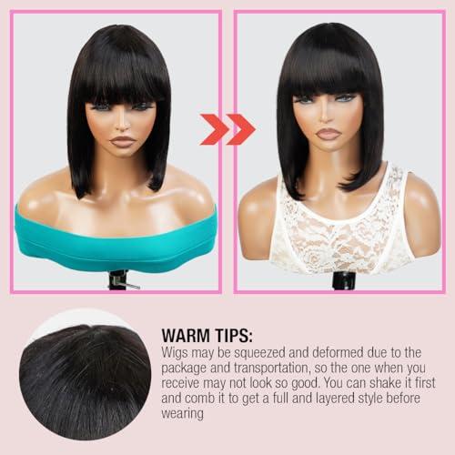INSTANT FAB INSTANT FAB Medium Bob Wigs Human Hair with China Bangs for Black Women Straight Bob with Bangs Human Hair Non Lace Front Wigs  Spinel (12 inch (1Pack), OT1B/BURG (Ombre tipped offblack burgundy))