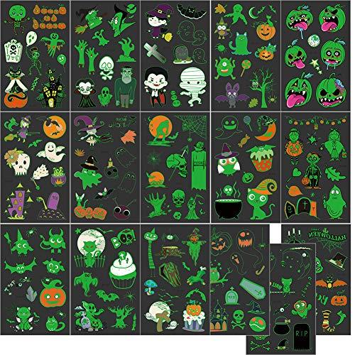 Fanoshon Fanoshon Halloween Glow in the Dark Temporary Tattoo for Kids Girls Boys, 16 Sheets Fake Small Luminous Adults Body Stickers, Goody Bags Fillers Trick Or Treat Favors, Pumpkin, Skull, Spider Supplies