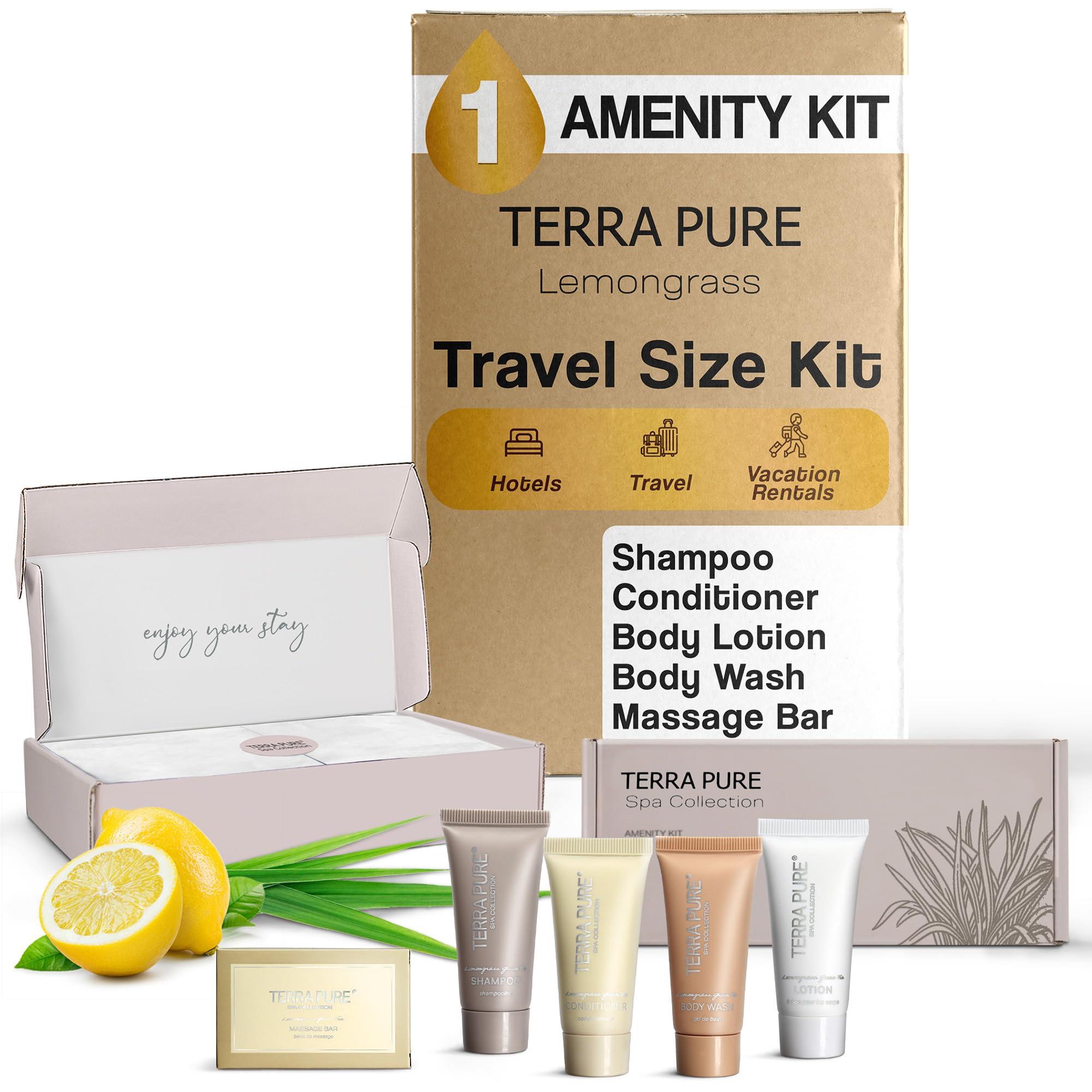 Terra Pure Terra Pure Spa Collection Amenity Kit | Hotel Bulk Toiletries | 0.85 oz Shampoo, Conditioner, Lotion, Body Wash, Massage Bar for Guest Hospitality Vacation Rentals | 1 Set/Case
