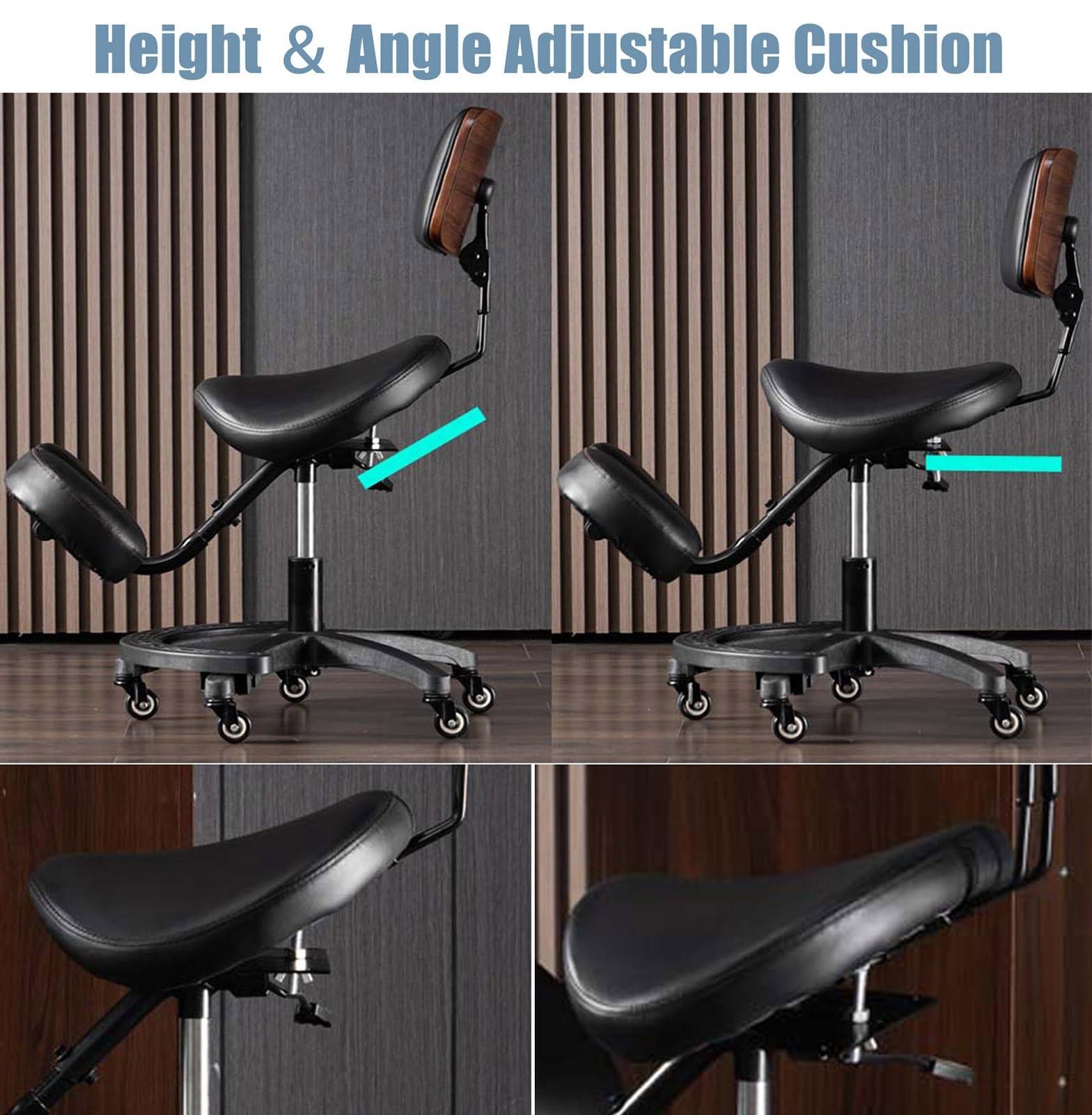 CMYUN Office Ergonomic Saddle Stool/Kneeling Chair, Heavy Duty Rolling Chair with Back Support, Adjustable Kneel Chair for Dental Saloon Spa